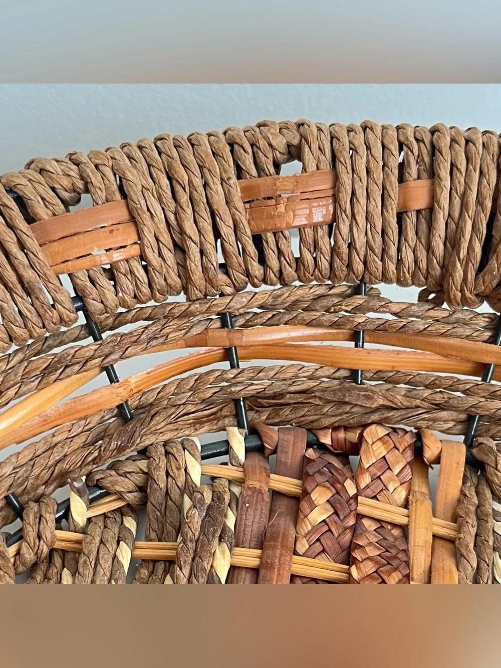 Vintage Handwoven Round Basket Wire Handles Mixed Material 11